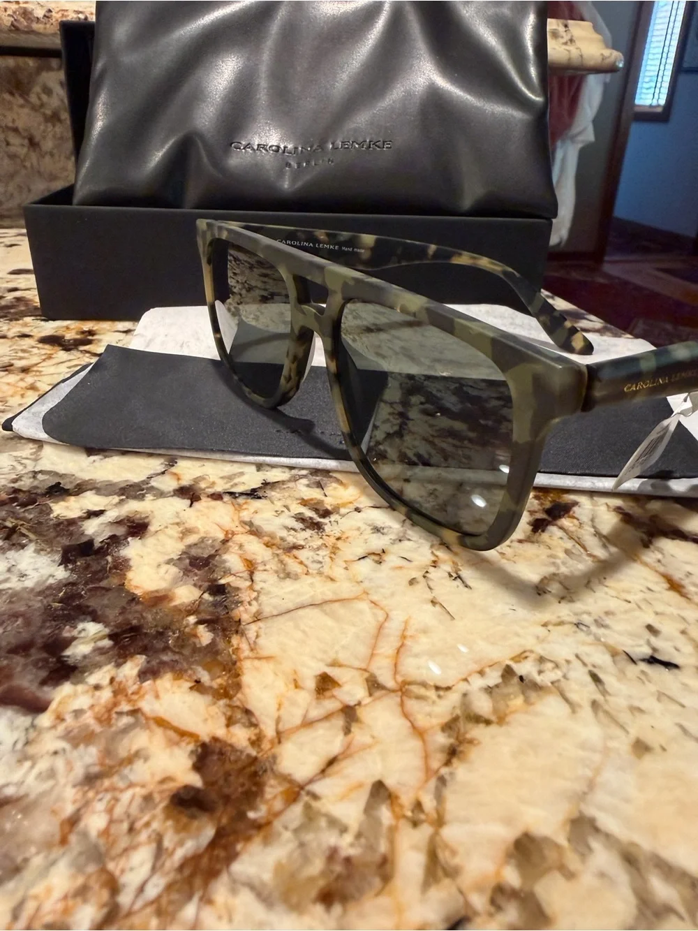 Carolina Lemke NWT Square Aviator Frame Sunglasses - Green Camo Acetate Frames